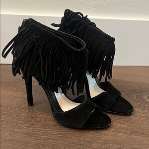 Alice + Olivia Black Fringe Suede High Heel Sandals. Size 37.5